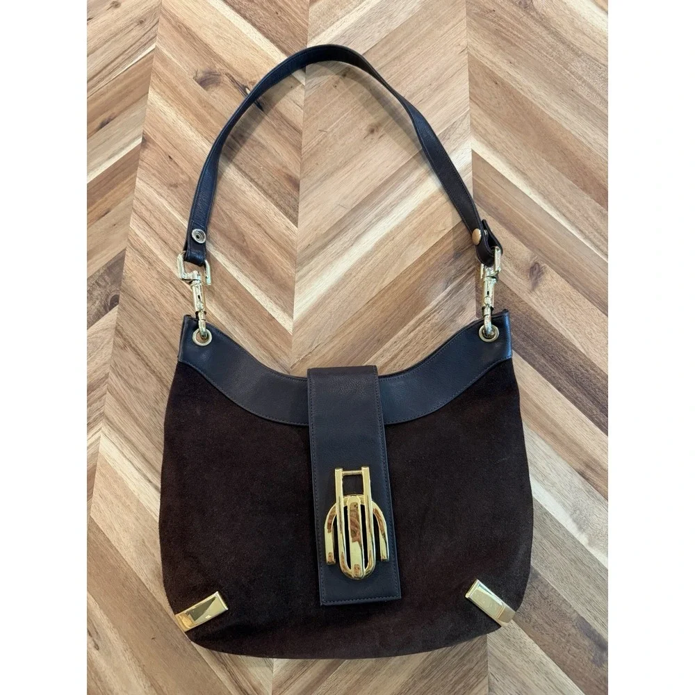 Vintage Susan Gail Brown Suede Hobo Shoulder Bag Purse Crescent Gold Hardware